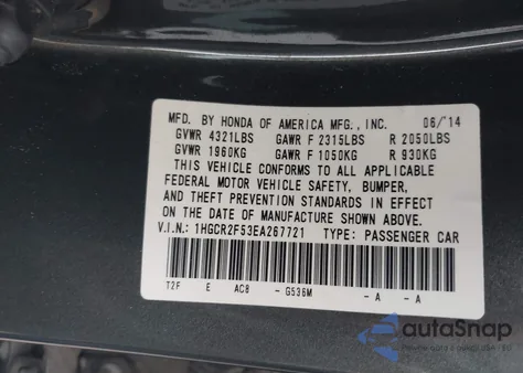 2014 Honda Accord Sport из США, поврежденный, VIN 1HGCR2F53EA267721